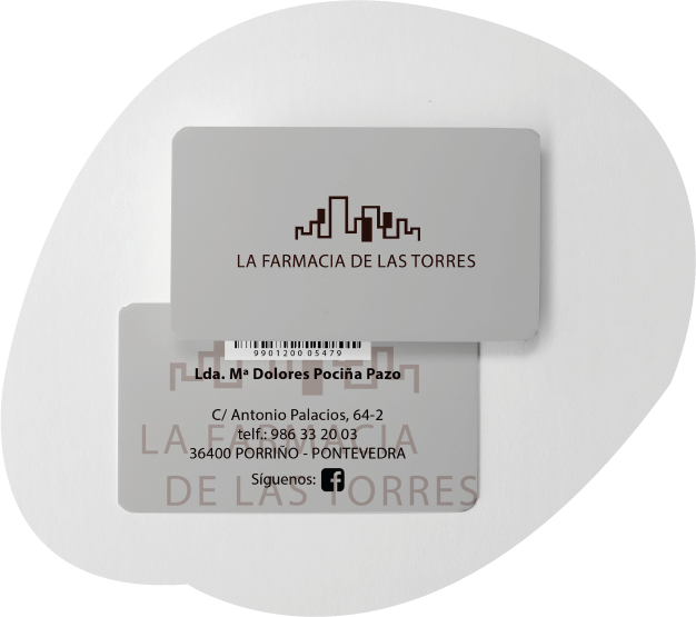 Tarjeta de la farmacia de las Torres por delante y por detras.